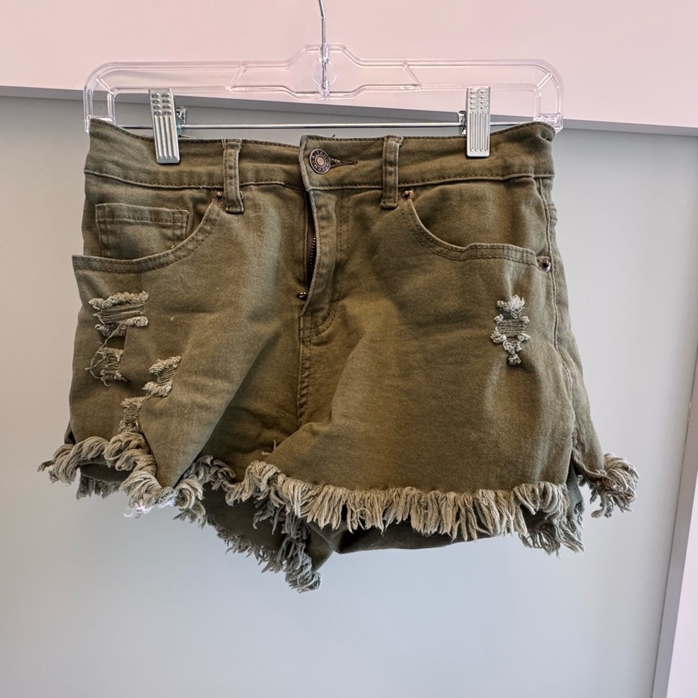 Frayed Olive Green Denim Shorts